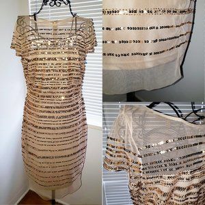 1990s Sheer Reveal Glitter Gold Holiday Bodycon Adrianna Papell Cocktail Dress 8